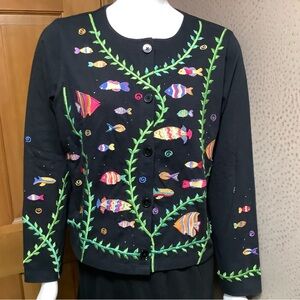 Vintage 90s Michael Simon Lite cardigan with embroidered fish and green vines